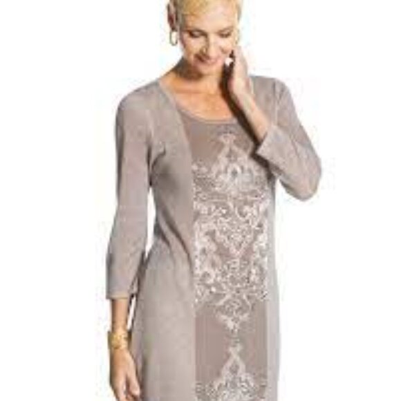 Chico's Gray White Mystic Scroll Athena Pullover Sweater Womens 1‎ Medium Beaded - Picture 2 of 12